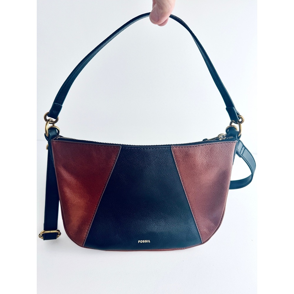 Fossil Leather Shoulder Bag Crossbody Purse Brown Black Colorblock Zip